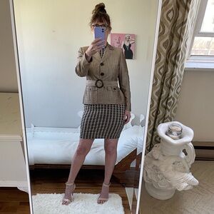 KASPER VINTAGE BROWN BLAZER JACKET BELTED POCKETS SAFARI PADDED SHOULDERS